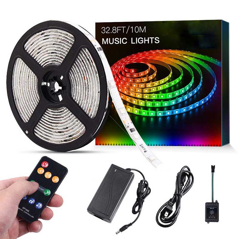 LED Strip Lights with Music Sync-Chase Effect, Dream Color Music lights 16.4ft, 5050SMD RGB Rope Lights with RF Remote, 12V Power Supply, 150LEDs Splash Proof Flexible String Lights for Indoor Bedroom